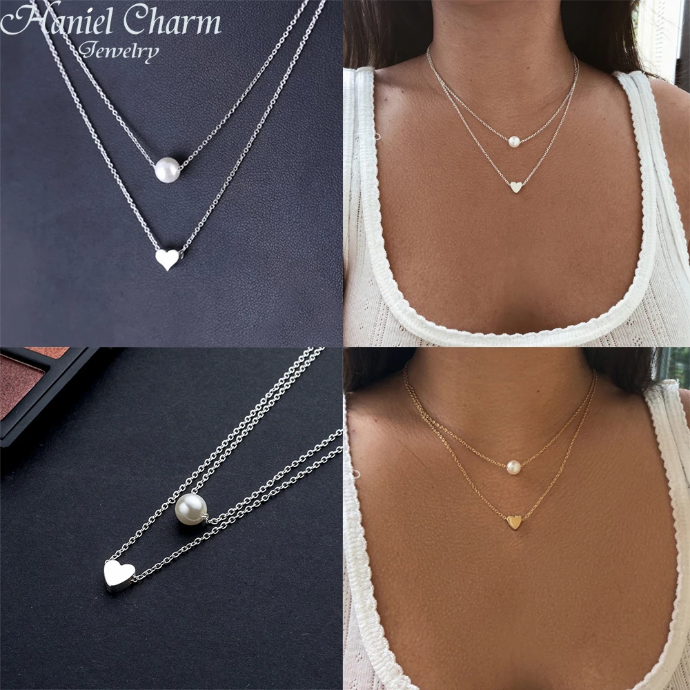 

2021 Hot New Bohemia Simple Fashion Imitation Pearl Love Heart Double Layer Clavicle Chain Necklace Accessories Female Jewelry