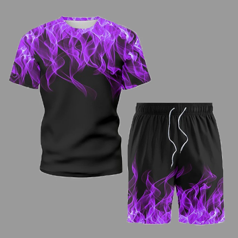 Summer Casual Short Sleeves Men's Sets Purple Flame Printing T Shirt and Shorts 2-Piece set Fitness Jogging New Trend Tracksuit
