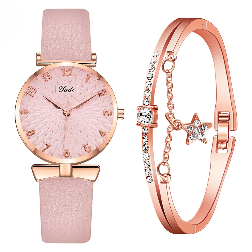 【Watch+Bracelet】Women Watch Bracelet Set Arabic Numbers Quartz Luxury Ladies Leather Strap Wristwatches Relogio Feminino | Наручные