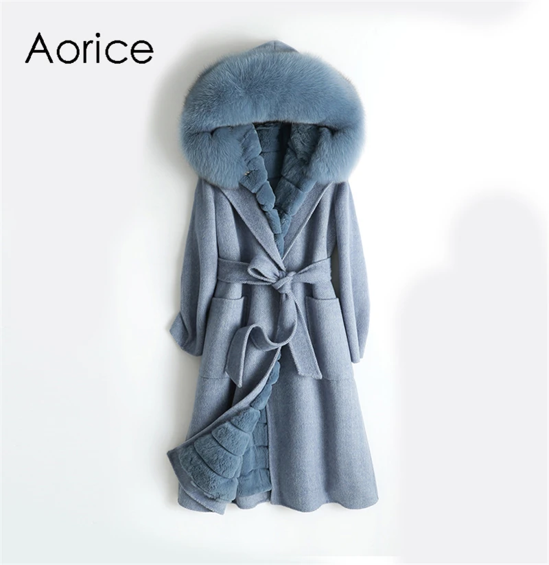 Aorice ZY18558 Женское пальто из натуральной шерсти с узором в елочку из ткани женский кроличий мех подкладка Лисий меховой воротник для отдыха осень/зима шерсть длинная верхняя одежда