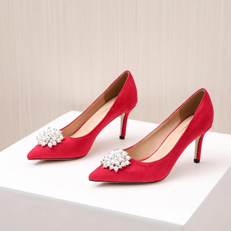 

High heels women's suede stiletto new pointed wedding shoes shallow mouth bridesmaid single shoes bridal shoes