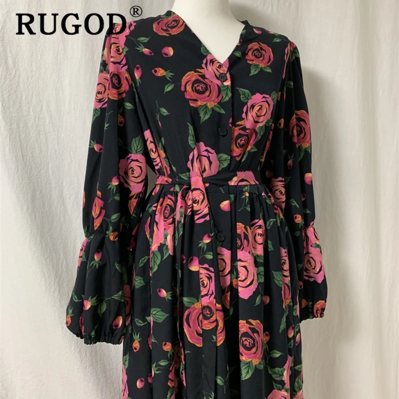 Женское платье с цветочным принтом RUGOD длинное винтажное однобортное на шнуровке
