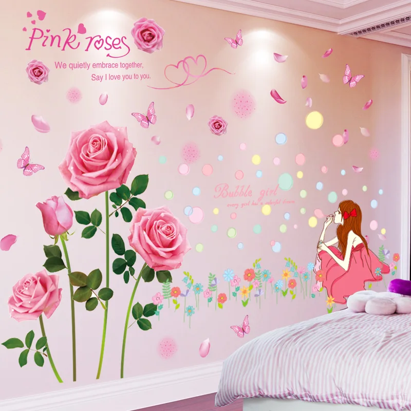

[SHIJUEHEZI] Cartoon Girl Bubbles Wall Stickers DIY Roses Flowers Mural Decals for House Kids Rooms Baby Bedroom Decoration