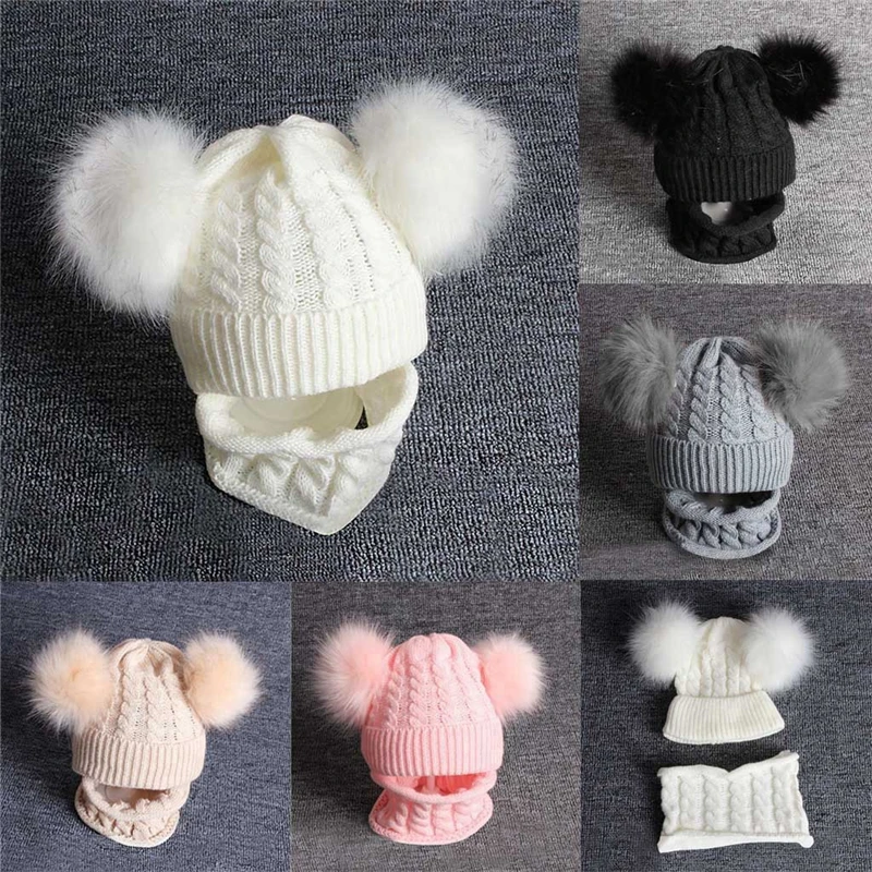 

2PCS Kids Baby Knitted Wool caps+solid Scarf sets Winter hat for children with pom poms fitted elasticity Keep Warm beanie A40