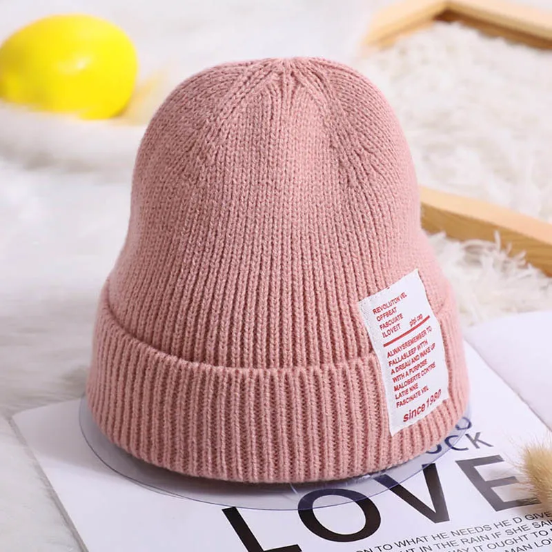 pink Warm Kids Winter Hats for Children Knitted Cap Solid Color Soft Crochet Boys Girls Beanie Hat - Цвет: pink