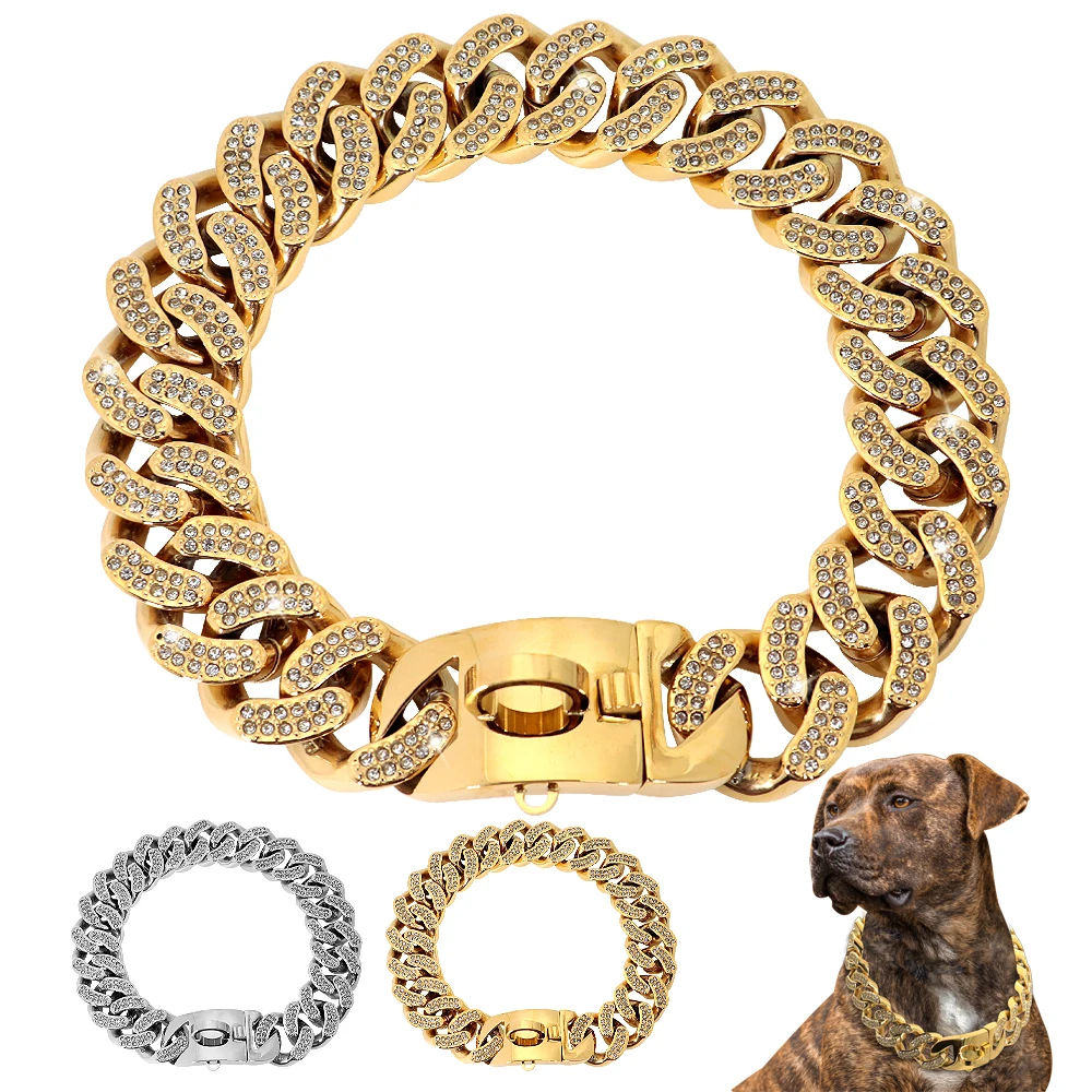 

Metal Rhinestone Dog Collar Stainless Steel Chain Martingale Dog Collar Crstal Bully Dogs Collar for Medium Large Dog Doberman