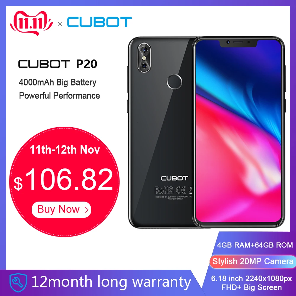 Cubot P20 19:9 6,18 дюйма 2246*1080 FHD+ Экран с Вырезой 4 ГБ Оперативная память 64 ГБ Встроенная память Android 8,0 MT6750T восьмиядерный Двойная Задняя Камера 20MP+ 2.0MP 4000 мАч Телефон 4G LTE Смартфон с Чехлом
