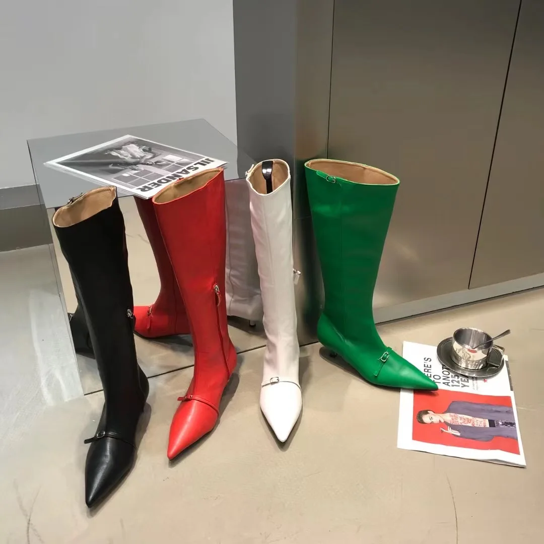 

Women Knee Booties Pointed Toe Belt Design Beautiful Knight Bootes Black/White/Green/Red Thin Mid Heels Chelsea Boots Martin