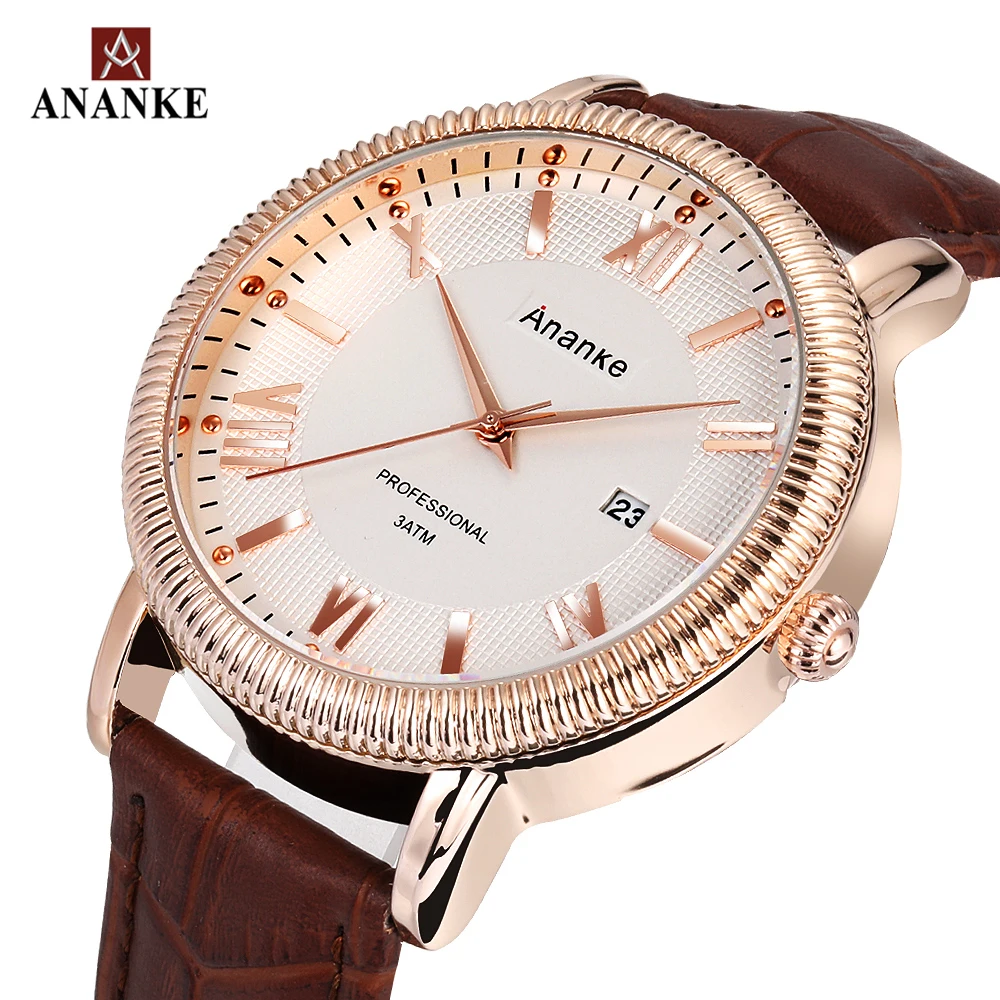 ANANKE Мужские часы Роскошные водонепроницаемые мужские из натуральной кожи с