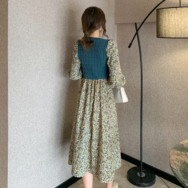 

WICCON Printed Floral Dress For Women's Spring 2021 New Waistband Patchwork Knit Elegant Sim Fit Long Sleeve Dresses