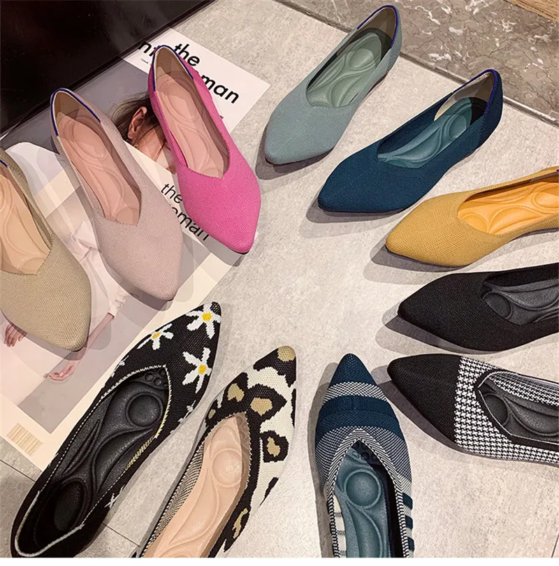 

2021 Woman Knit Pointed Shoes Women's Flat Shoes Ballet Shoes Mixed Color Shoes Soft Pregnant Shoes Zapatos De Mujer Moccasin 43