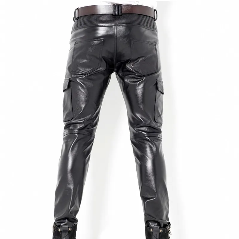 

Fashion Mens Leather Pants New Punk Trousers Skinny Genuine Leather Pants Joggers Pants For Men Zipper Straight Pants Plus Size