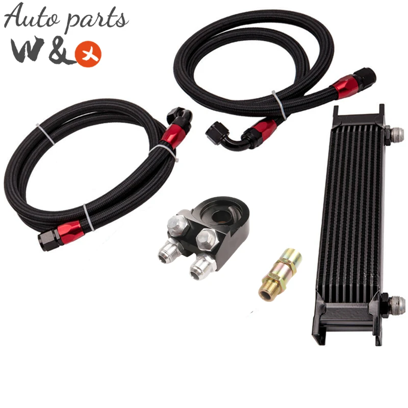 

Universal 10-AN Oil Cooler 10 Rows Engine Oil Radiator & Sandwich Oil Adapter kit with 3/4''X16 M20X1.5 OC-UOL10-2BK