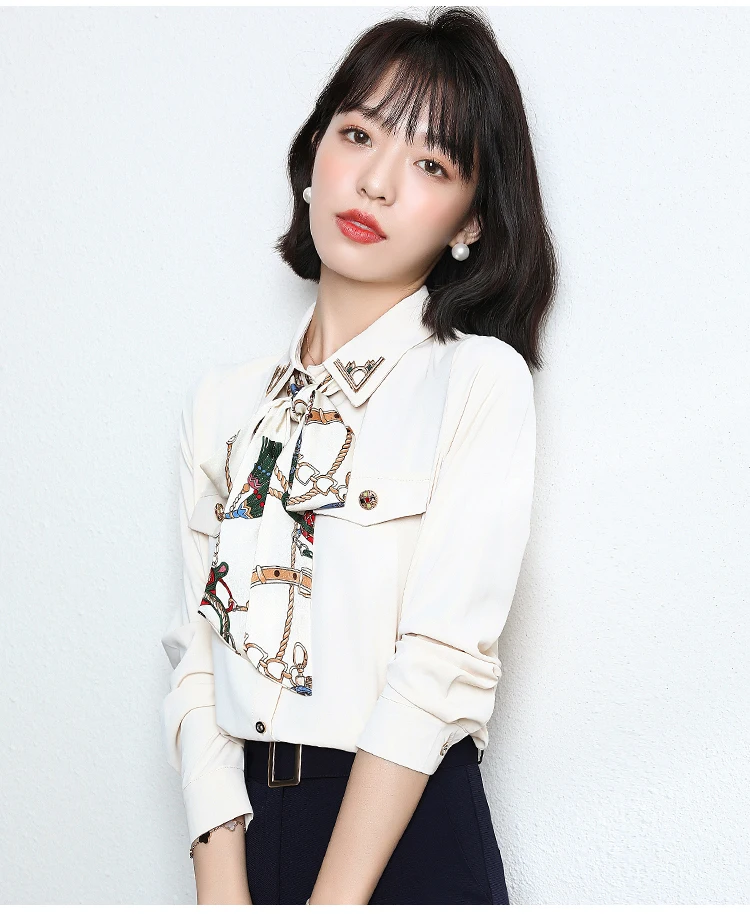 

Chiffon Slim Women's Shirts New Fashion Blouses Printing Bow Tie Shirts Autumn Casual Long Sleeve Blusas Houthion