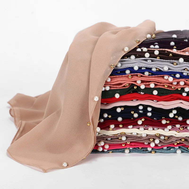 

Women Fashion Bubble Chiffon Hijab Pearl Headscarf for Women Solid Color Fashion Chiffon Scarf for Ladies Muslim Dubai Turkey
