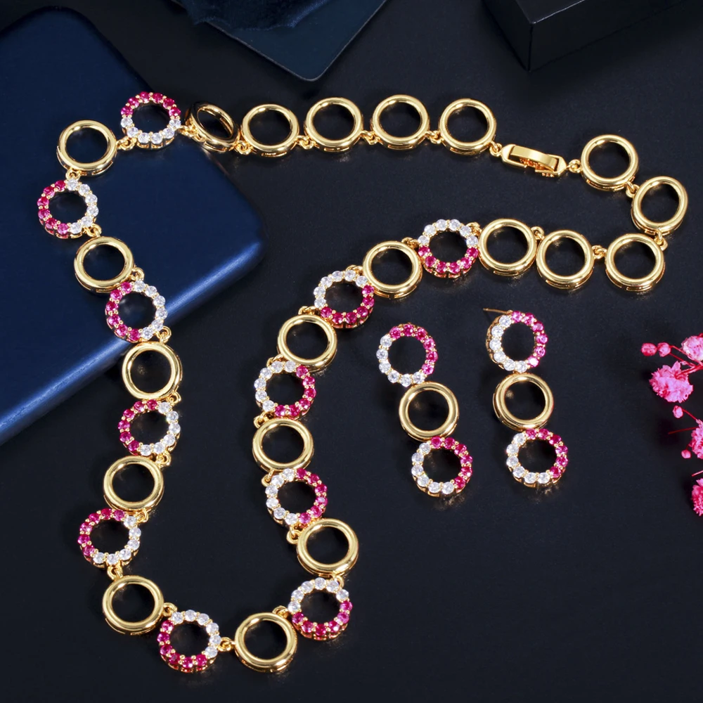 

ThreeGraces Gorgeous Red White Cubic Zirconia Gold Color Round Link Chain Choker Necklace Earrings Jewelry Set for Ladies TZ615