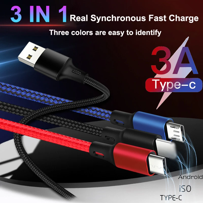 3 в 1 USB кабель Быстрая зарядка кабель для передачи данных для iPhone XS Max XR X 8 7 кабель зарядного устройства микро-usb type-c кабель для samsung S9 s8 нейлон