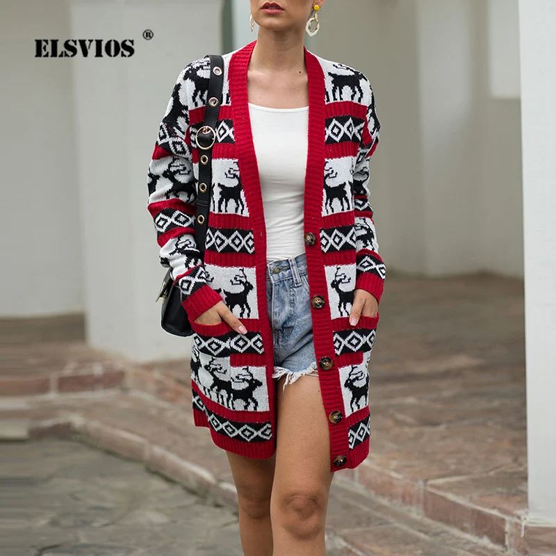 

Женский вязаный кардиган на пуговицах, Повседневная модная вязаная кофта с длинным рукавом и принтом оленя, элегантный свободный длинный к...
