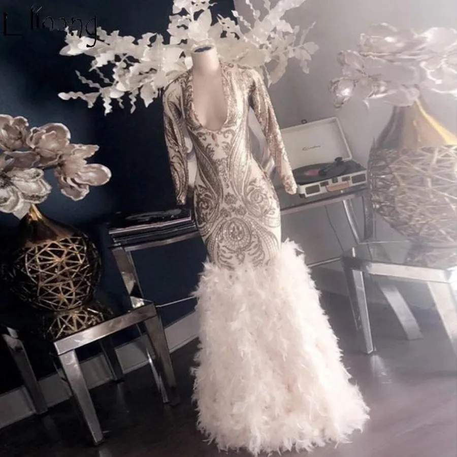 Deep V Neck Feathers Mermaid Evening Dress Long Sleeves Prom Dresses  Lace Appliques Formal Party Gowns Robe De Soiree