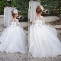 ball gown puffy first communion dresses long sleeves lace flower girl dresses satin bow princess wedding party dress