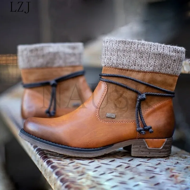 

Women Boots 2020 Leather Ankle Boots Flat Shoes Winter Snow Boots Platform Zipper Punk Boots Thicken Plush Wool Botas Mujer