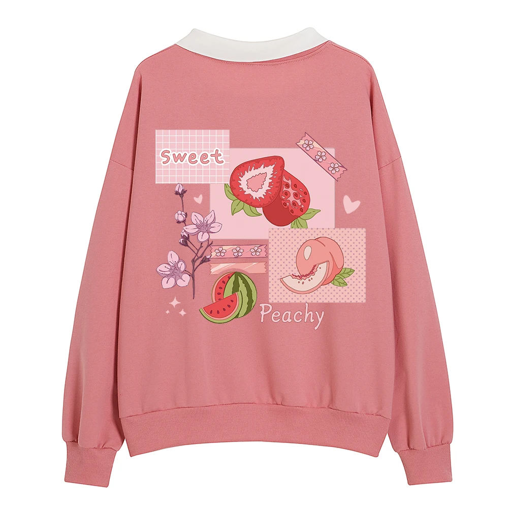 Polo Collar Trendy Sweatshirt for Women Spring Autumn Hoodies Woman Cartoon Harajuku Kawaii Japanese Style Strawberry Sweetshirt