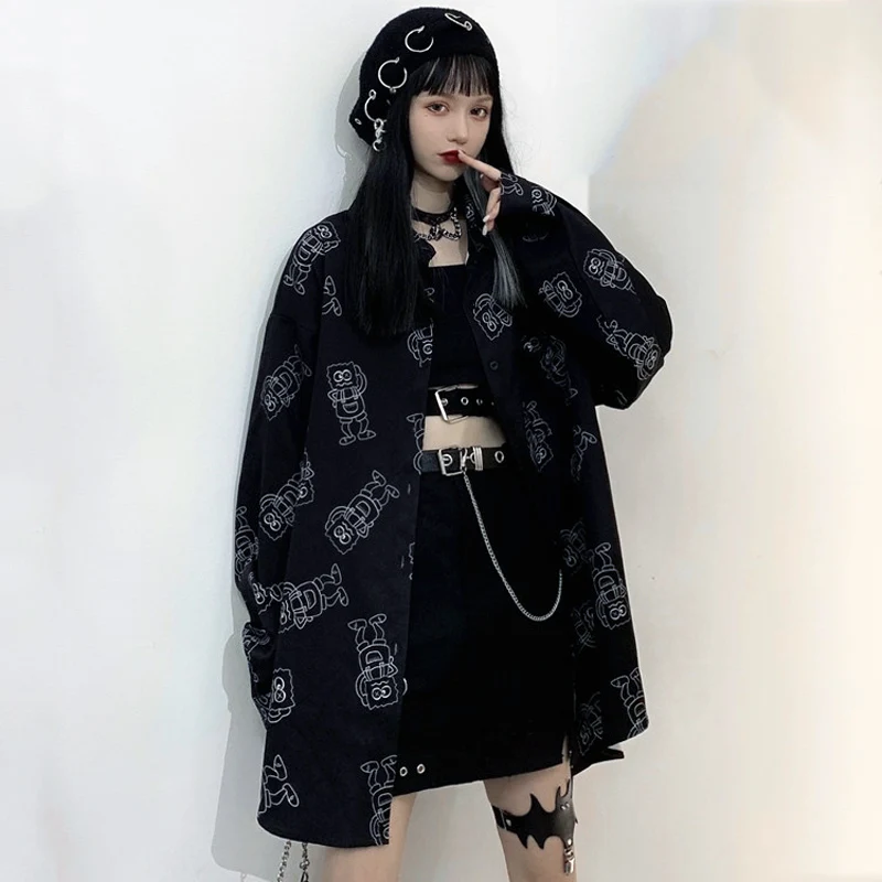 

New Autumn Shirt Women Streetwear Shirt Vintage Loose Long Sleeve Blouse Harajuku Cartoon Print Shirt Man Shirt Oversize Shirt