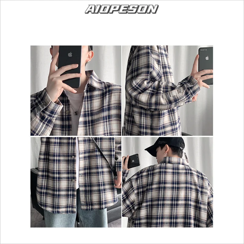 

AIOPESON Harajuku Plaid Shirts Men 2021 New Spring Streetwear Long Sleeve Korean Men's Shirt Fashion Square Collar Male Shirt