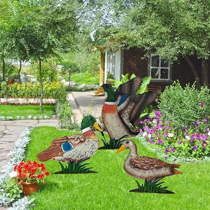 

3 Pcs Set Wrought Iron Duck Statue Garden Ornaments Courtyard Metal Mallard Decor Outdoor Lawn Backyard Animal Decoration