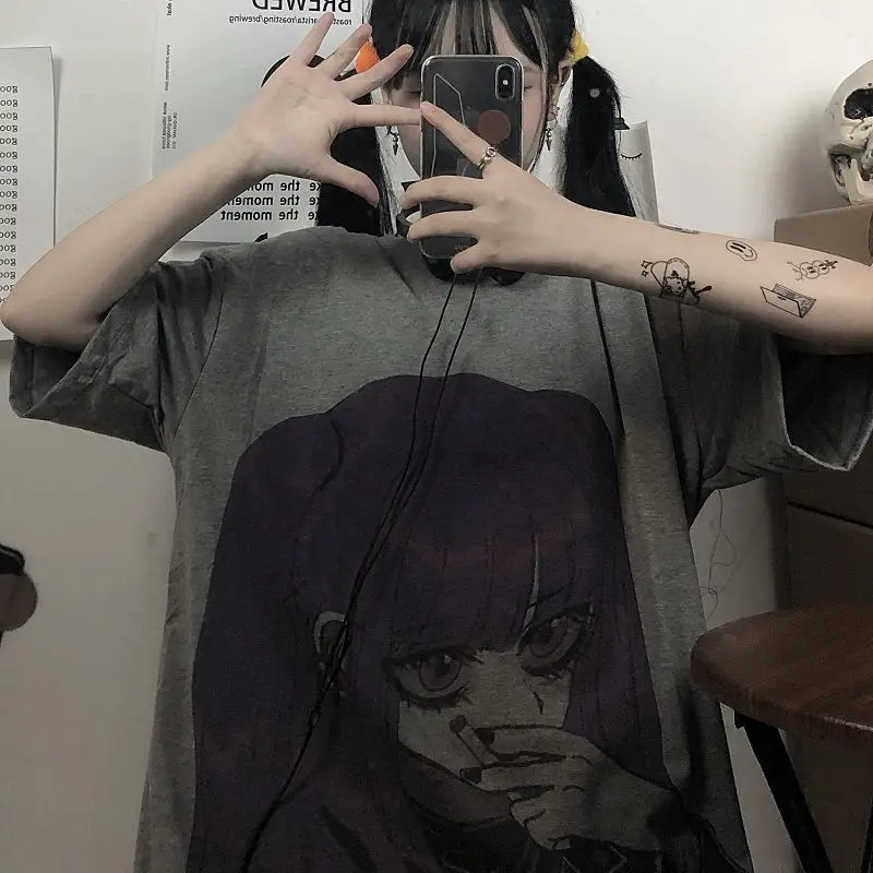 

MINGLIUSILI Gothic Graphic T Shirts Women 2021 Fashion White Women T-shirts Summer Anime Print Harajuku Woman T-shirts