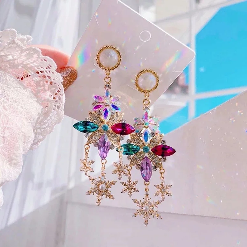 

DYEFROB 2021 New Elegant Luxury Crystal Waterdrop Dangle Earrings for Women Snowfale Flower Party Long Pendientes Jewelry Gifts