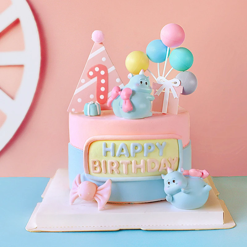 

Baby Shower First Birthday Party Cake Toppers Bottle Stroller Gender Reveal Hot Air Balloon Little Hippo Animal Pink Decoration