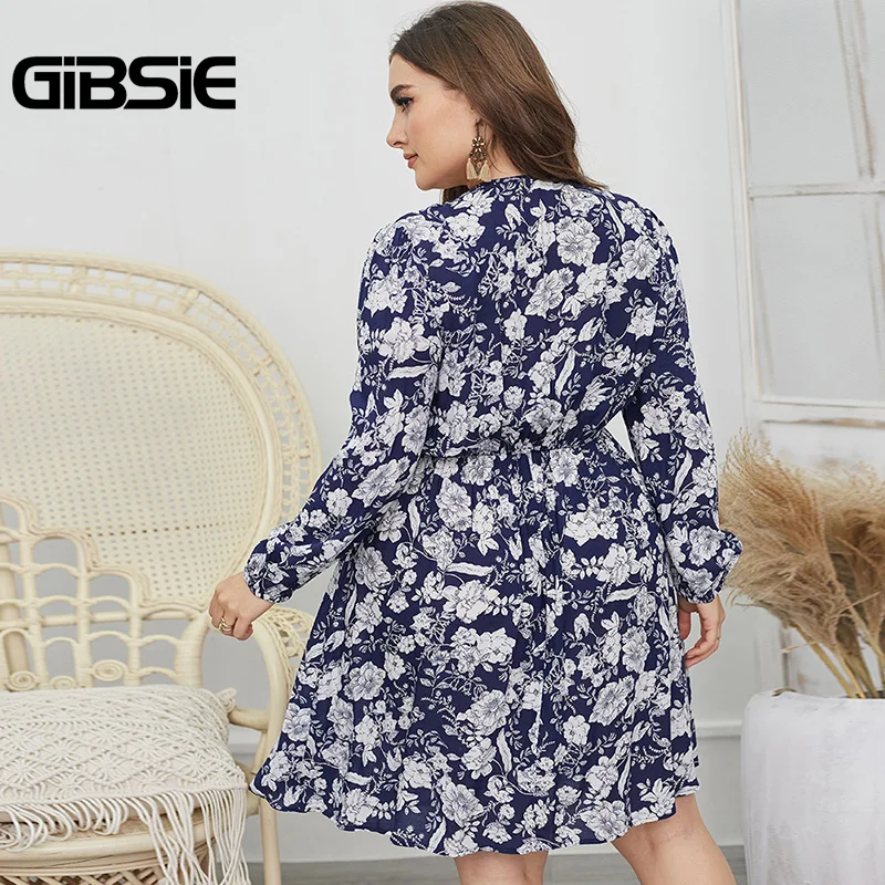 

GIBSIE Sexy Knot Front Deep V Neck Dress Women Boho Casual Floral Print Spring Dresses Plus Size Long Sleeve Ladies Mini Dress