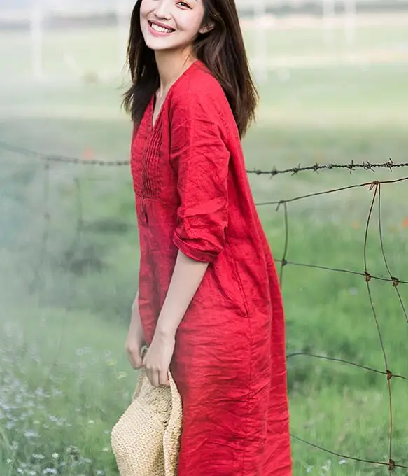 

Красные льняные летние женские платья, летние женские платья с круглым вырезом