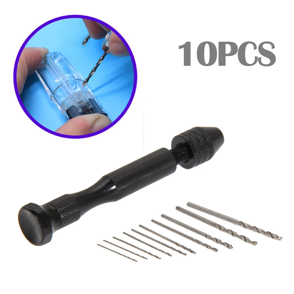 

10pcs Mini Micro Aluminum Hand Drill With Keyless Chuck HSS Twist Drill Bit Woodworking Drilling Rotary Tools Hand Drill Manual