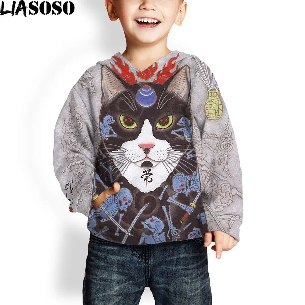 

Japanese Cat Anime Samurai Sword Pullover Hoodies 2021 New Kids Printed Hoodie Street Winter Warm Hooded Daily Sweatshirt
