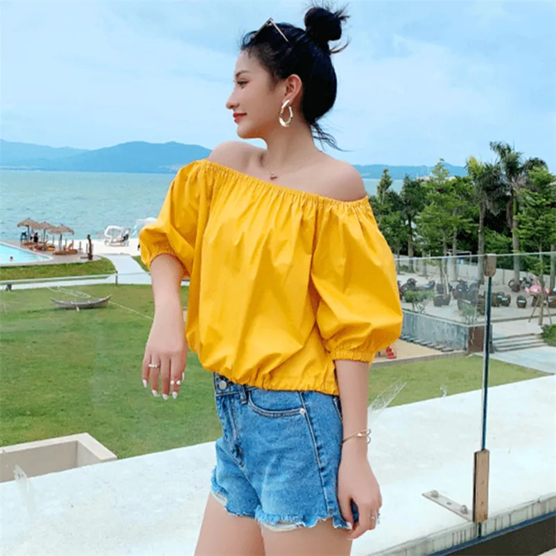 

2020 New Summer Women Solid Slash Neck Shirts Korean Style Lantern Sleeves Elastic Slim Blouse Plus Size M-5XL 11 color