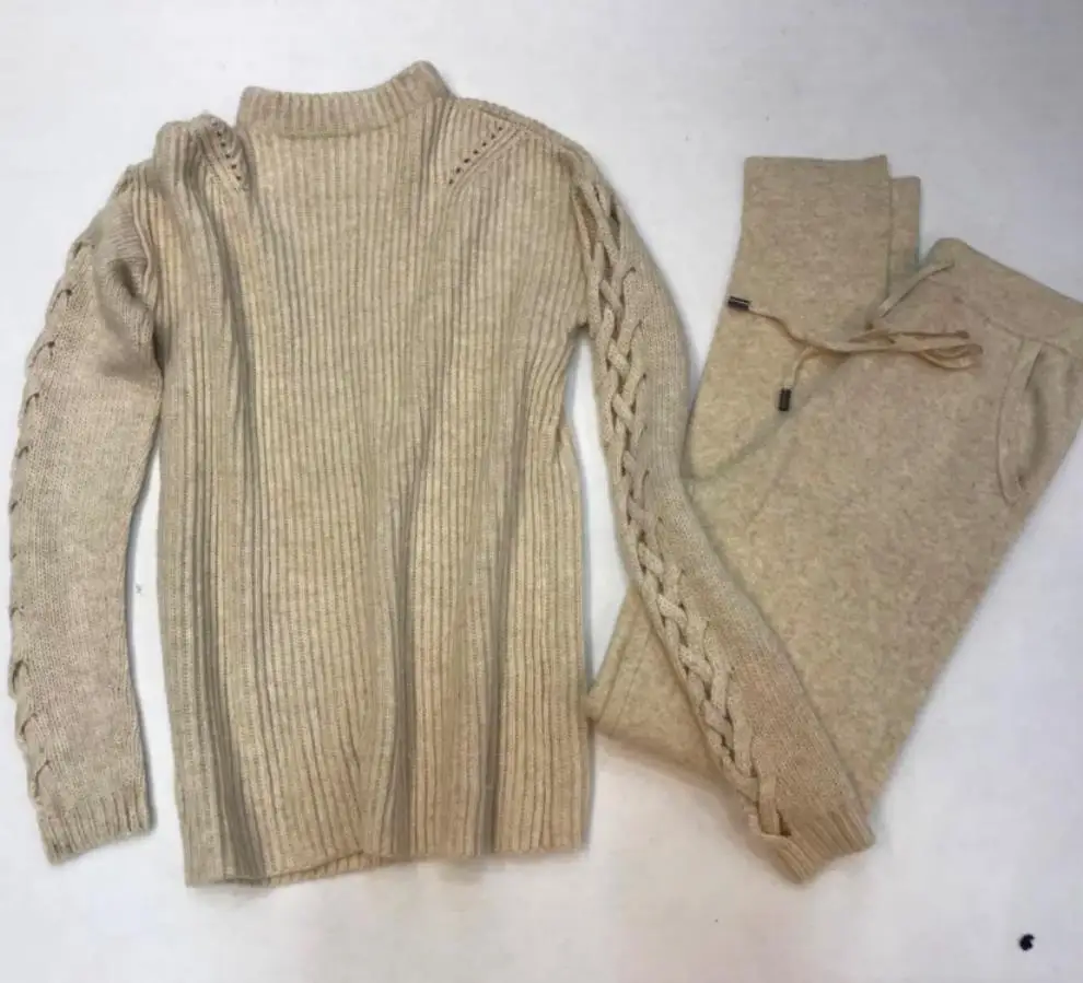 Зимний шерстяной + кашемировый вязаный теплый костюм бархатный свитер с вырезом