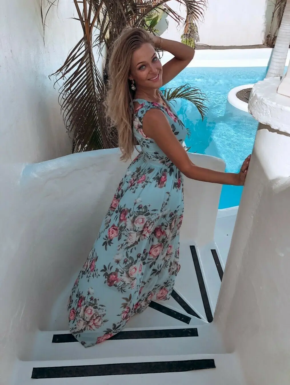 

Women Boho Dress Blue Floral Print Maxi Long Dress Deep V Neck Summer Beach Evening Party Dresses Sleeveless Dress Vestidos