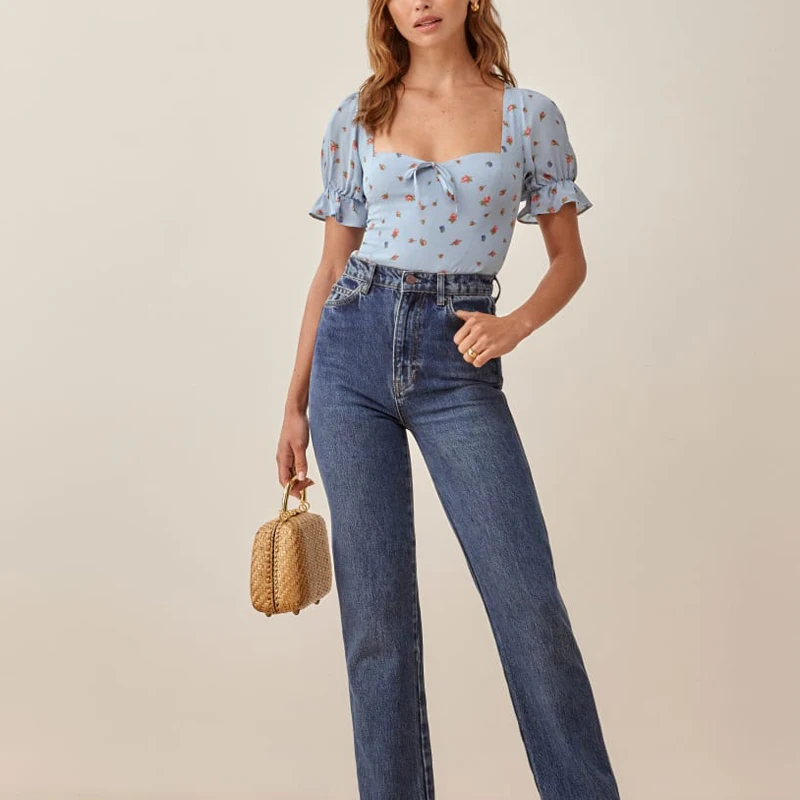 

Summer Women's Casual Flower Printed Square Collar Short Sleeve Bowknot Decorated Slim Shirt