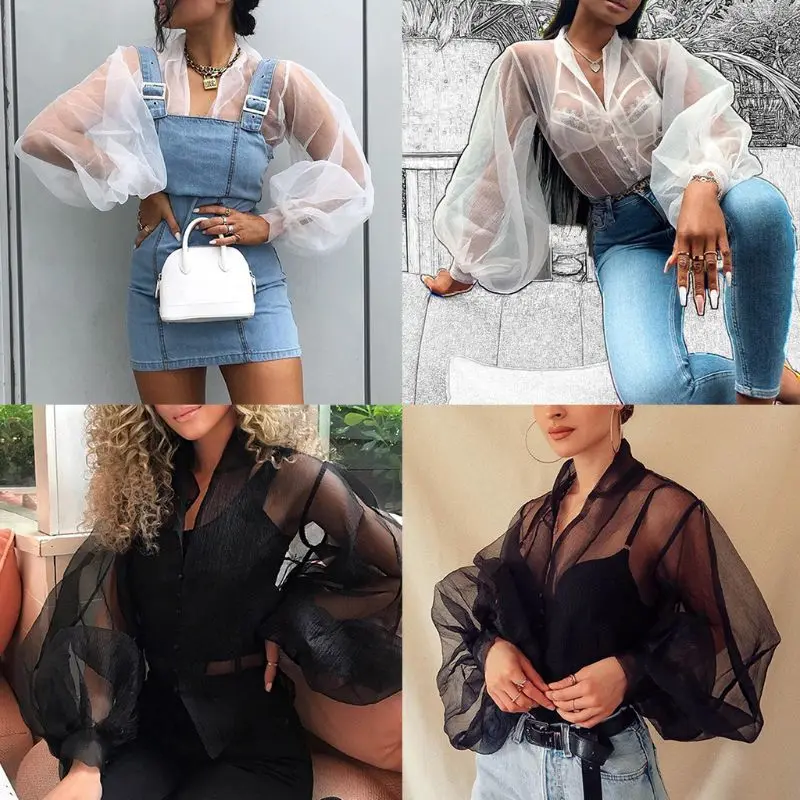 Для женщин пузырь с буфами на рукавах сексуальная прозрачная марлевая Топ