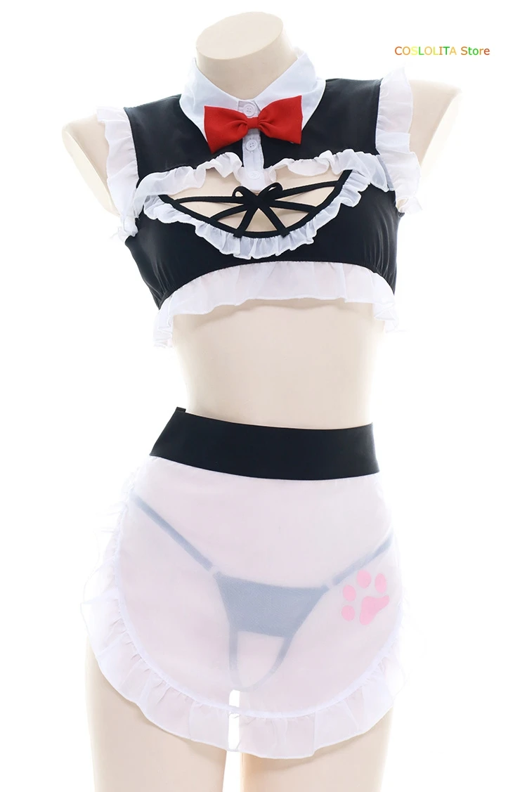 

Women Cute Cat Hollow out Maid Outfit Semi-permeable Nightdress Sweet Bowknot Ruffle Sexy Lingerie Sleepwear Homewear Cosplay