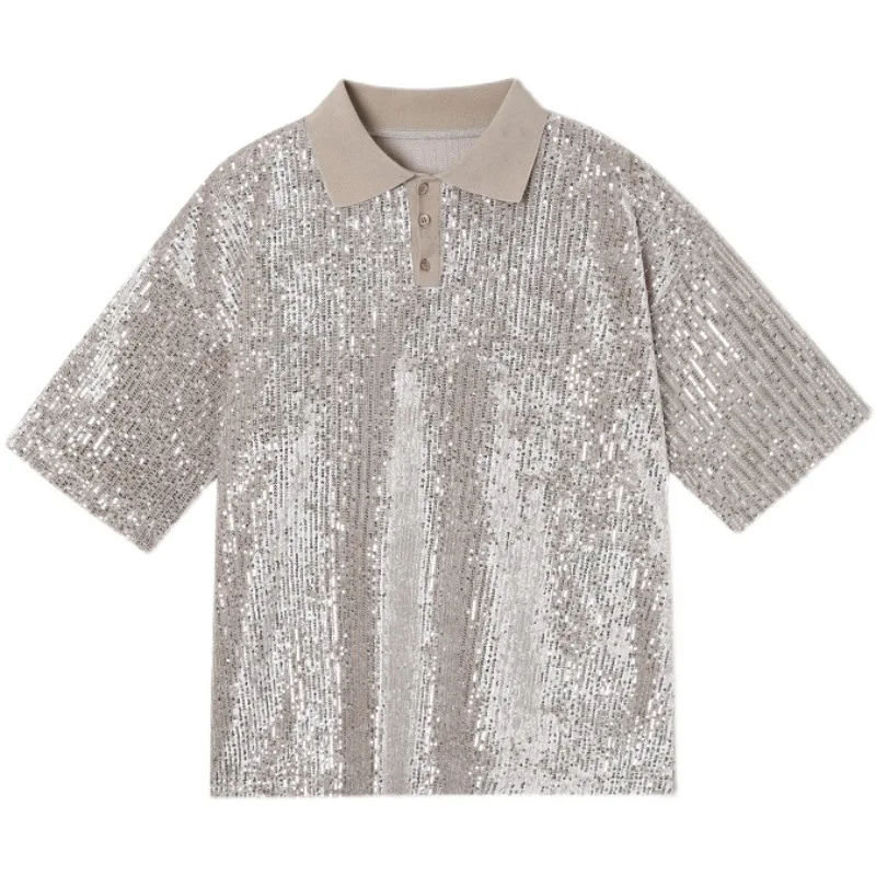 

Full Sequin Lapel t-shirt men's short sleeve shiny face polo shirt Paul collar top bottom shirt net red anchor fashion