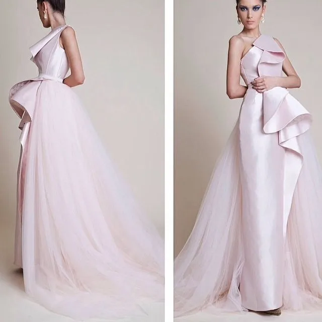 

Avondjurk Sheath Bodice Party Dress Light Pink One Strap Detachable Train Evening Dresses Arabic Gowns 2015