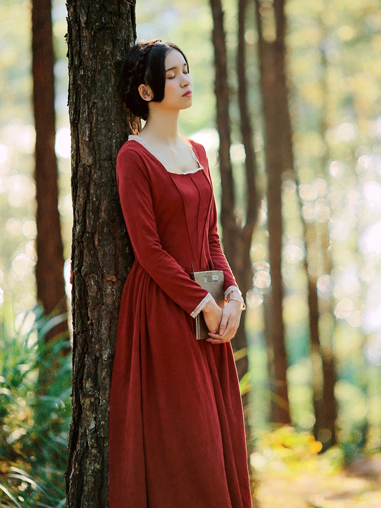 new fashion women's vestidos Vintage court suede long sleeve square collar red long dress travel