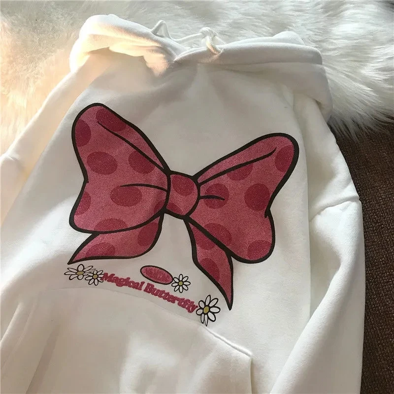 

Autumn retro cute bow oversize loose hooded sweater hoodie clothes Sweatshirt vintage Kawaii pocket long sleeve pullovers jersey