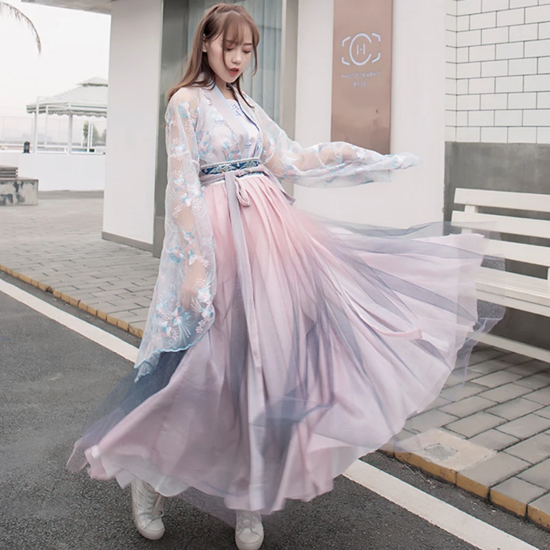 Китайский традиционный розовый Hanfu для женщин хлопок хан элемент юбка элегантный