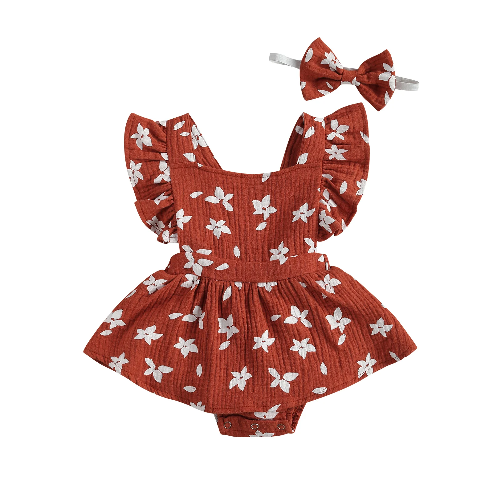 

2021 Summer Baby Girl’s Casual Fly Sleeve Jumpsuits Fresh Flower Printing Skirt Stitching Romper and Headband
