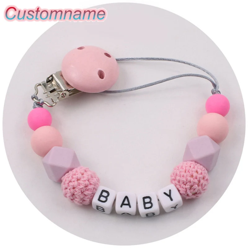 

1Pcs DIY Silicone Personalised Name Baby Pacifier Clip Crochet Beads Silicone Crown Pacifier Chain Holder Shower Toy for Newborn