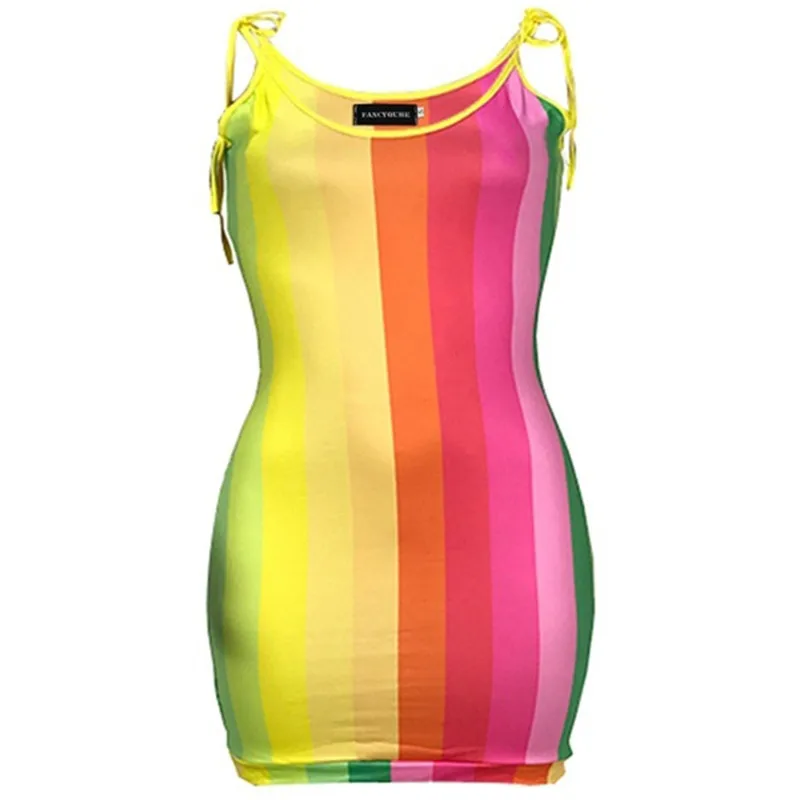 Casual Mini Dress For Femme Women Sexy Spaghetti Strap Tight Dresses Fashion Off Shoulder Rainbow Stripe Printed | Женская одежда